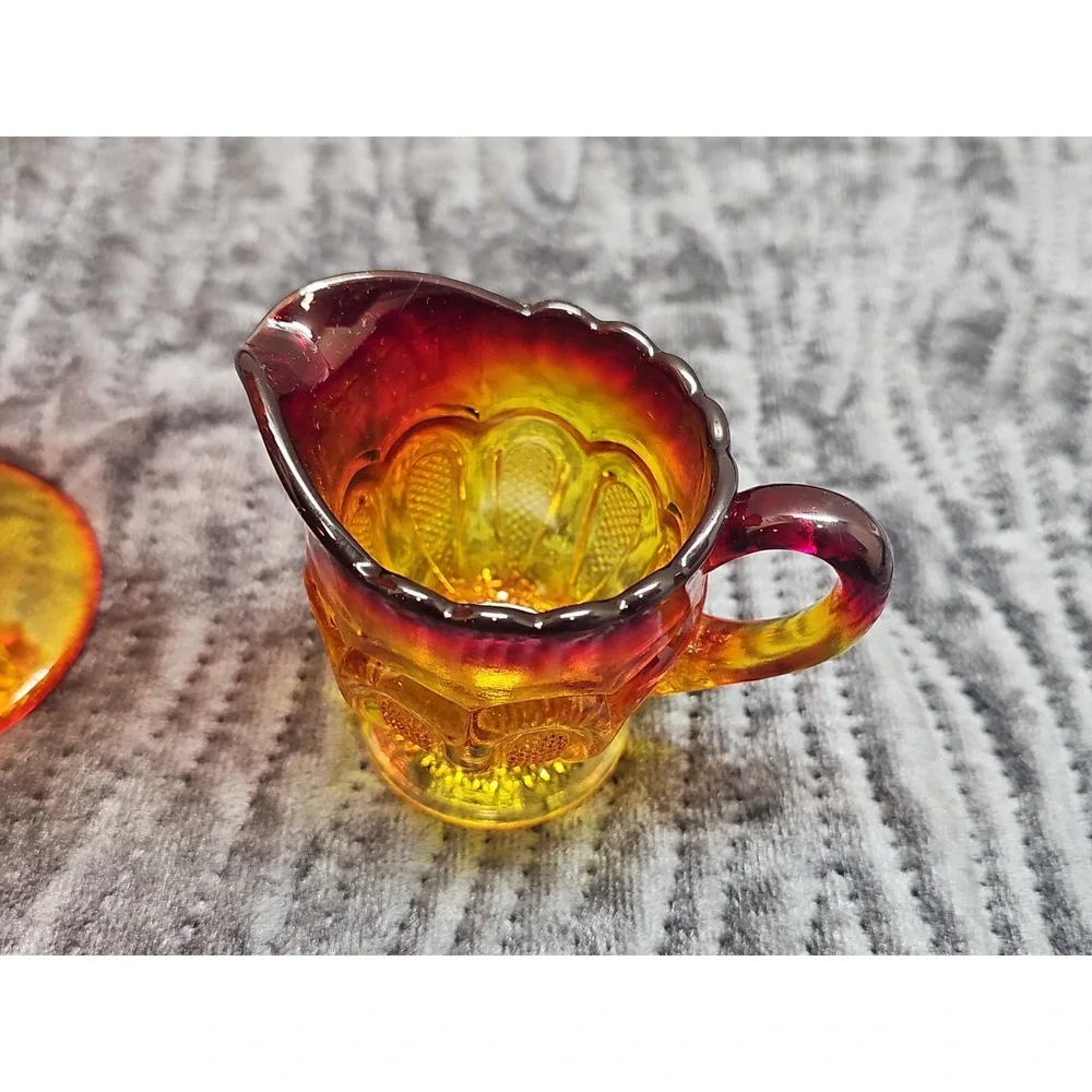 Vintage Glass Amber Brown Hobnail Crimped Rim Candy Bowl & Creamer Pitcher